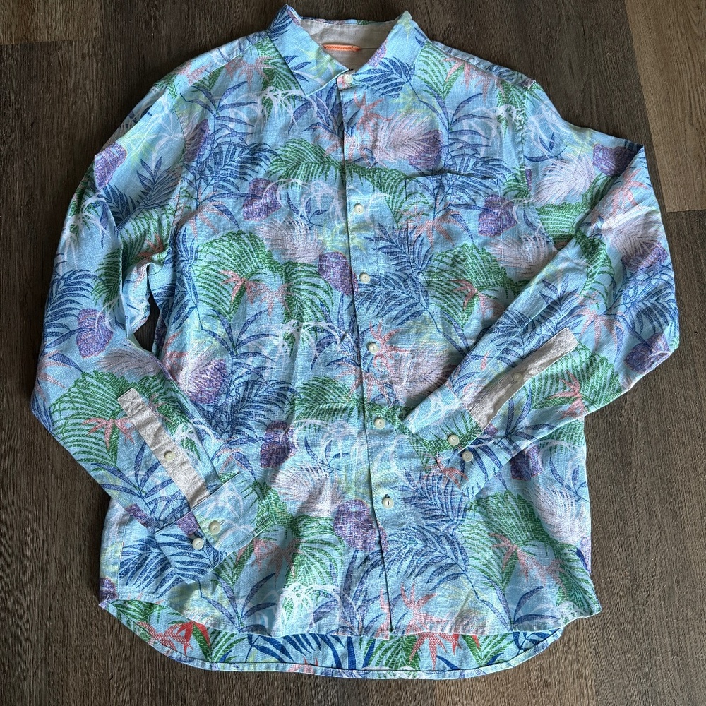 Tommy Bahama Tropical Caliente 100% linen button down shirt sz L blue pink $130